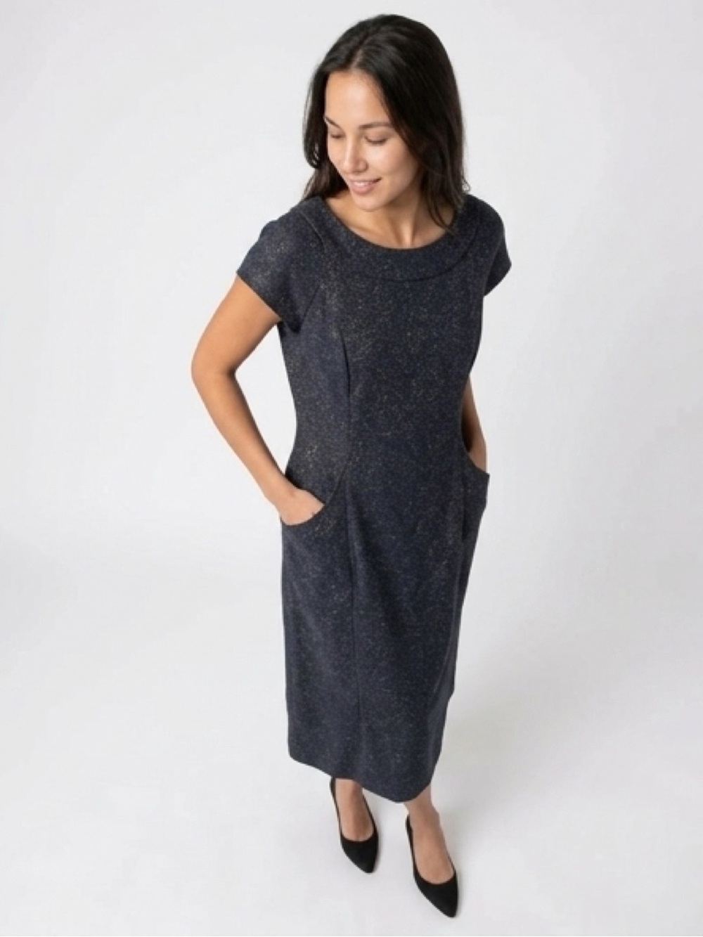 Lafayette 148 New York Charcoal Textured Cap-Sleeve Midi Dress